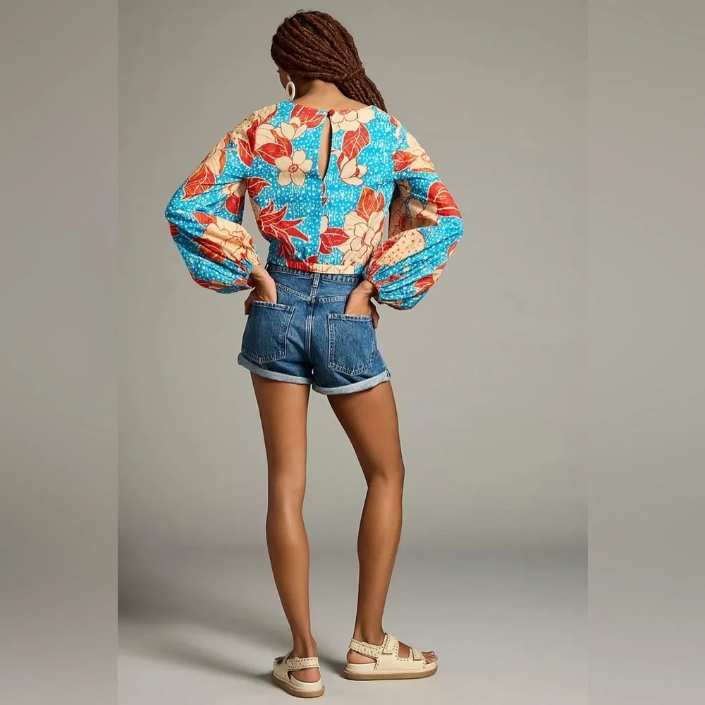 FARM Rio Blue Floral Puff-Sleeve Blouse with Red & Cream Accents
